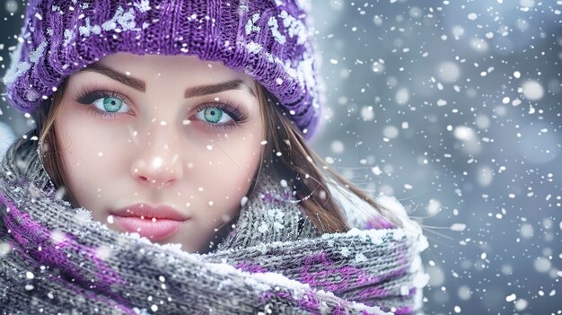 Donna con cappello viola e sciarpa nella neve