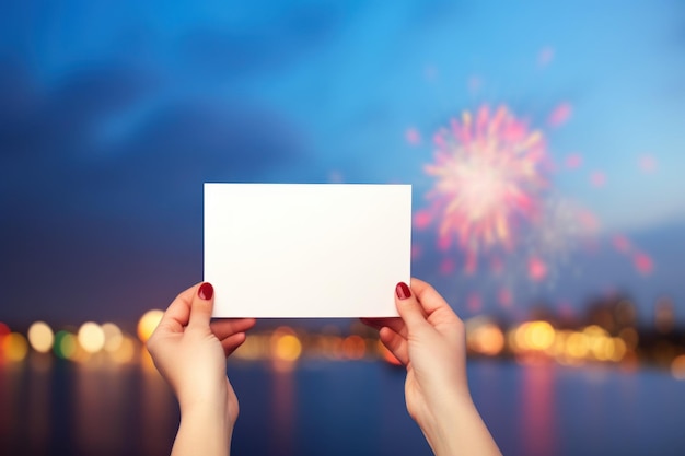 Donna con carta bianca sul fuoco d'artificio mostra una notte di celebrazione generata da Ai
