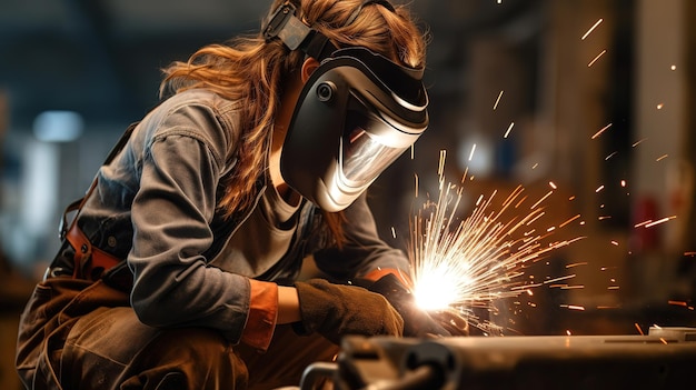 Donna con casco da saldatura che lavora su un pezzo di metallo in officina scintille che volano in giro Saldatore donna