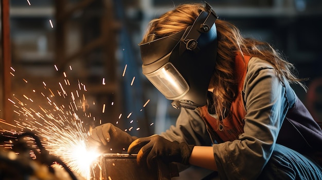 Donna con casco da saldatura che lavora su un pezzo di metallo in officina scintille che volano in giro Saldatore donna