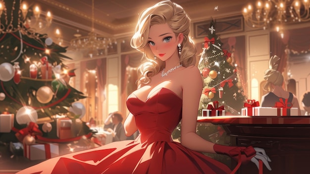 donna con champagne vicino all'albero di Natale festeggia