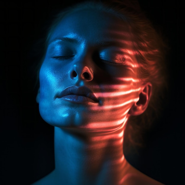 Donna con due colori di luce davanti al viso in stile di curve sfocate luce di colore rosso e blu Esposizione lunga del primo piano del ritratto di bellezza