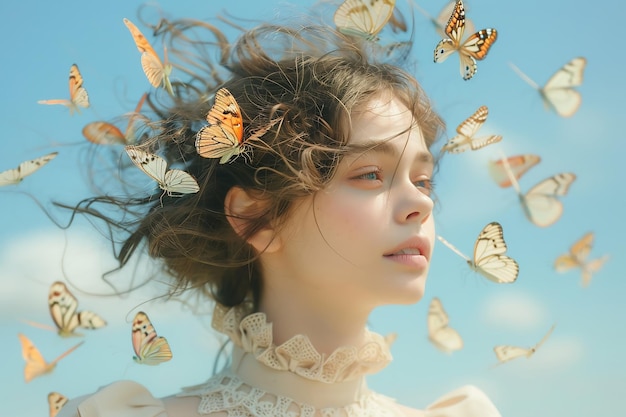 Donna con farfalle intorno alla testa emozioni e concetto di salute mentale generativo ai