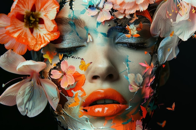 Donna con fiori dipinti sul viso AI generativa