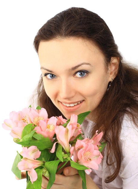 donna con fiori rosa giglio