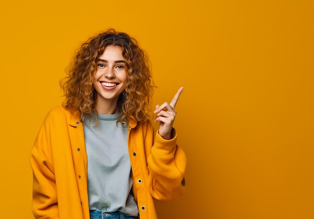 Donna con giacca gialla che punta di lato e sorride sul viso IA generativa