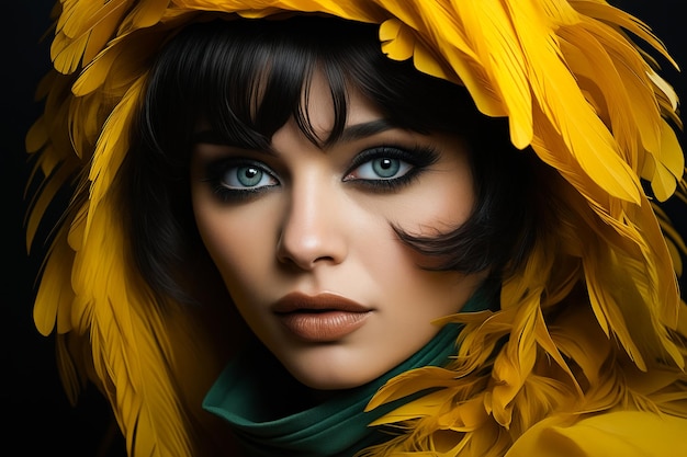 Donna con gli occhi blu e un fiore giallo in testa AI generativa
