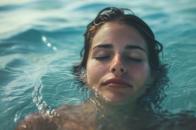 Donna con gli occhi chiusi che nuota in mare