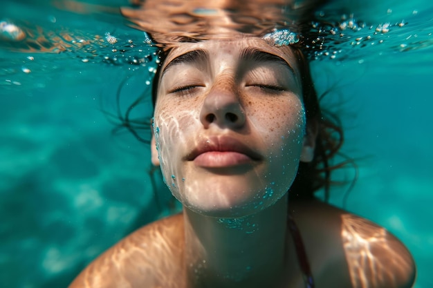 Donna con gli occhi chiusi che nuota in mare