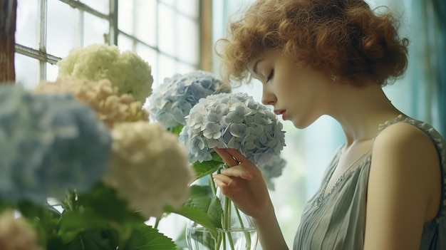 Donna con gli occhi chiusi profumati fiori di idrangea dalla tenda traslucida IA generativa