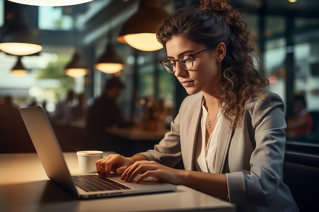 donna con gli occhiali che digita intensamente sul suo computer portatile