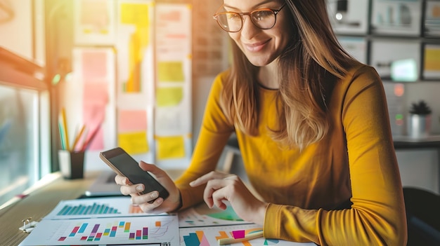 donna con gli occhiali che guarda il telefono alla sua scrivania su carta grafica giovane donna sta guardando il suo cellulare con grafici su carta giovane donna seduta a una scrivania che guarda il suo telefono