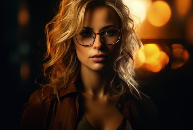Donna con gli occhiali in una stanza buia