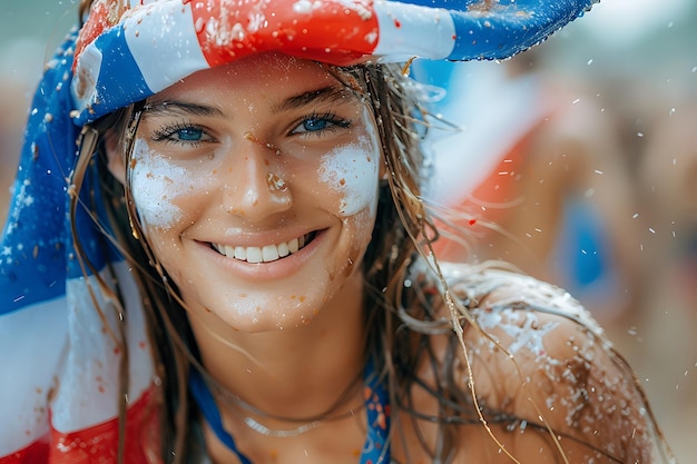 Donna con i capelli bagnati e il cappello blu bianco-rosso