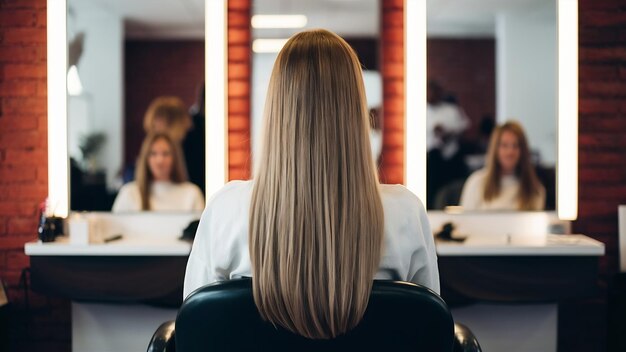 Donna con i capelli biondi lunghi e dritti in un salone di parrucchieri