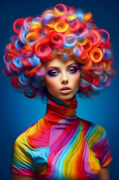 Donna con i capelli colorati che indossa un vestito colorato e una parrucca color arcobaleno AI generativa