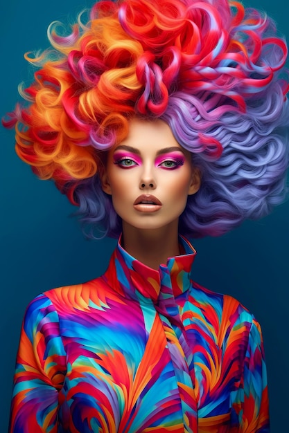 Donna con i capelli colorati che indossa una camicia colorata e un taglio di capelli colorato AI generativa