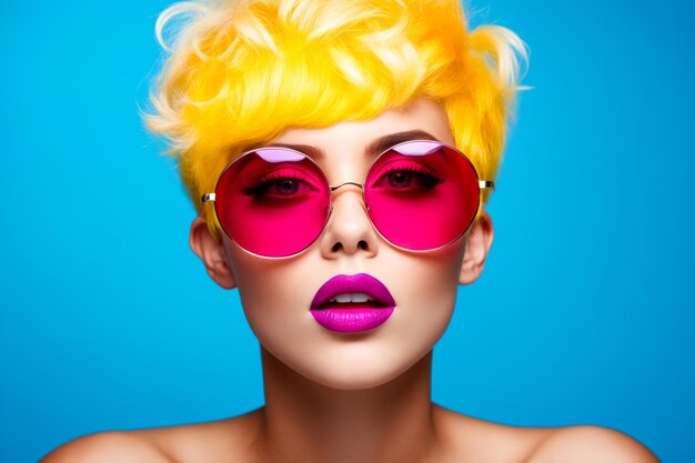 Donna con i capelli gialli brillanti e occhiali da sole rosa su Generative AI
