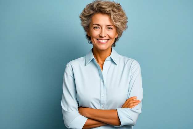 Donna con i capelli grigi e la camicia blu sta sorridendo AI generativa