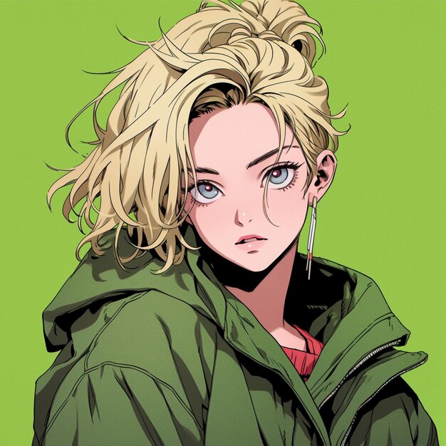 donna con i capelli lunghi biondi che indossa una giacca verde anime disegno personaggio anime femminile dettagliato