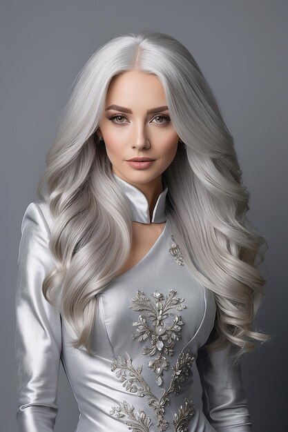 Donna con i capelli lunghi d'argento e un vestito d'argente