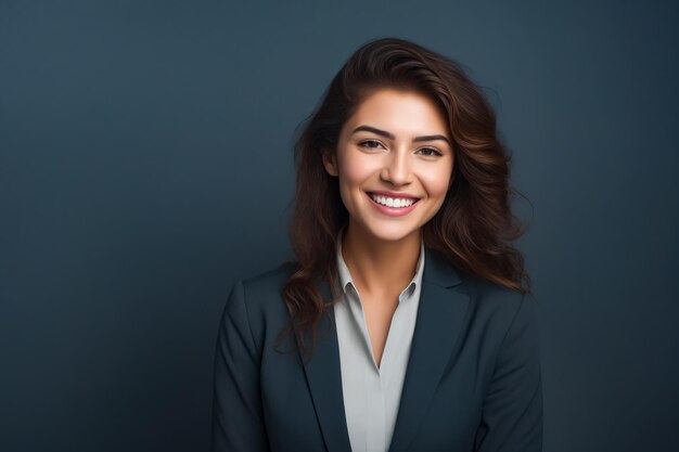 Donna con i capelli lunghi e il vestito che sorride alla telecamera AI generativa