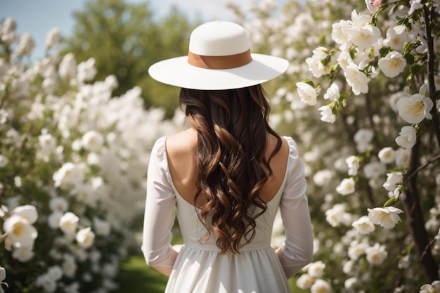 donna con i capelli lunghi in un cappello bianco e un vestito elegante posa in un giardino in fiore Back view