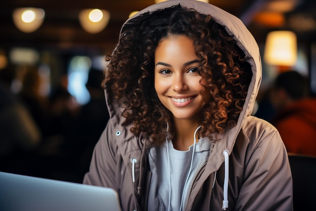 Donna con i capelli ricci che indossa un cappuccio e sorride alla telecamera AI generativa