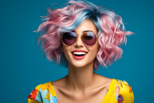 Donna con i capelli rosa e blu che indossa occhiali da sole e top giallo AI generativa