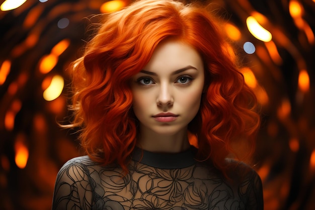 Donna con i capelli rossi e la parte superiore trasparente su sfondo scuro AI generativa