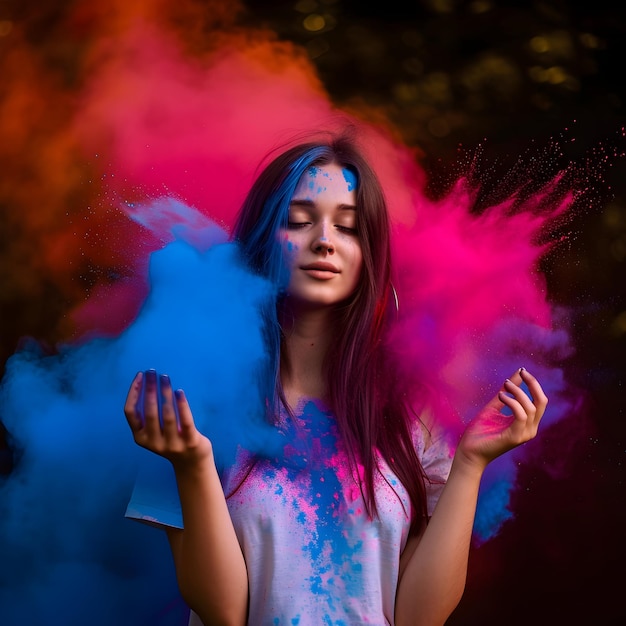 Donna con i colori in occasione di Holi concetto per il festival indiano Holi color splash