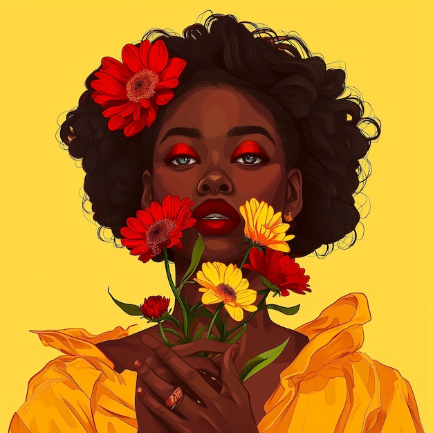 Donna con i fiori nei capelli che tiene un fiore sullo sfondo giallo