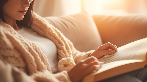 Donna con IA generativa che legge un libro sul divano mentre trascorre il tempo libero a casa