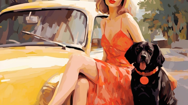 Donna con il cane seduto accanto a un'illustrazione d'auto vintage