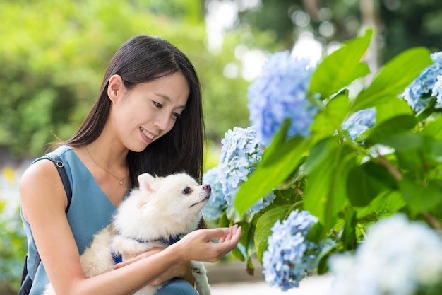 Donna con il suo cane Pomerania nel parco di Hydrangea