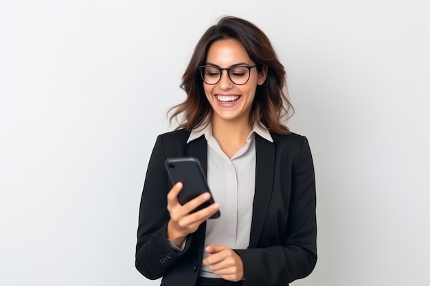 Donna con il telefono su sfondo bianco