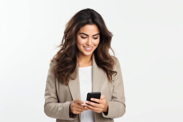 donna con il telefono su sfondo bianco