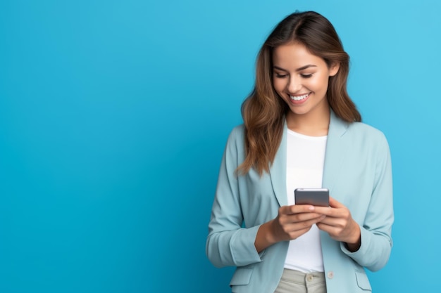 donna con il telefono su sfondo blu