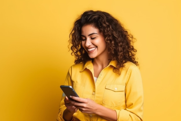 donna con il telefono su sfondo giallo