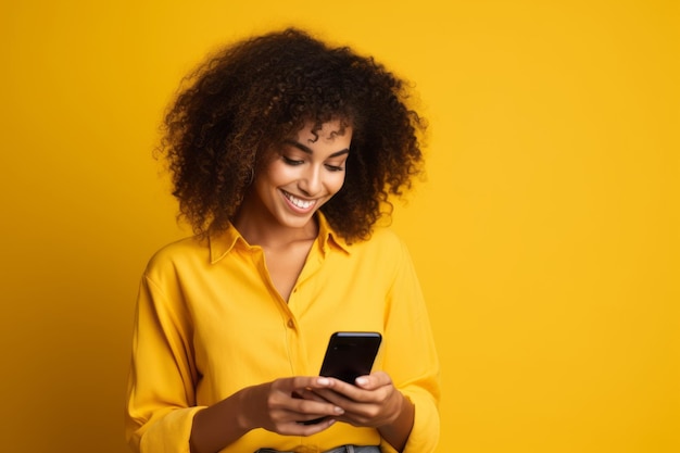 donna con il telefono su sfondo giallo