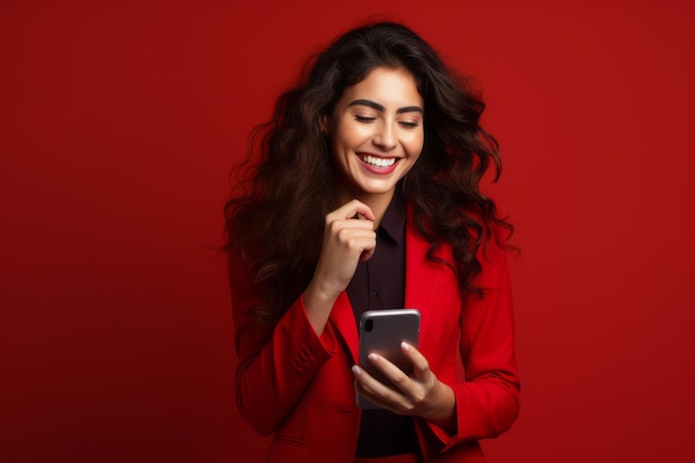 Donna con il telefono su sfondo rosso