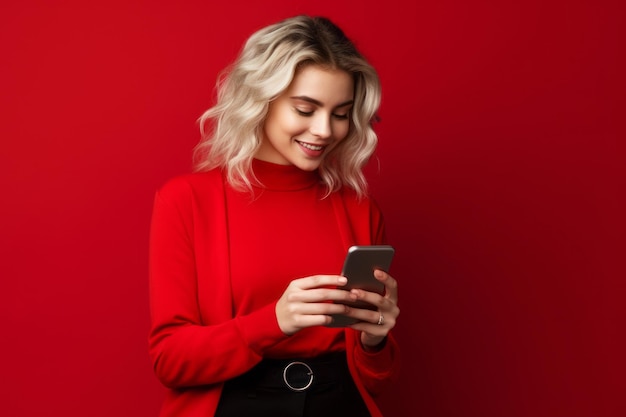 Donna con il telefono su sfondo rosso