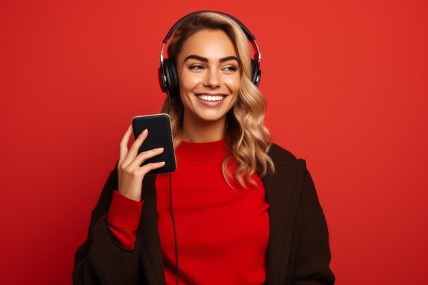 Donna con il telefono su sfondo rosso