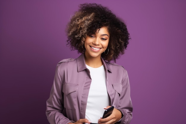 Donna con il telefono su sfondo viola