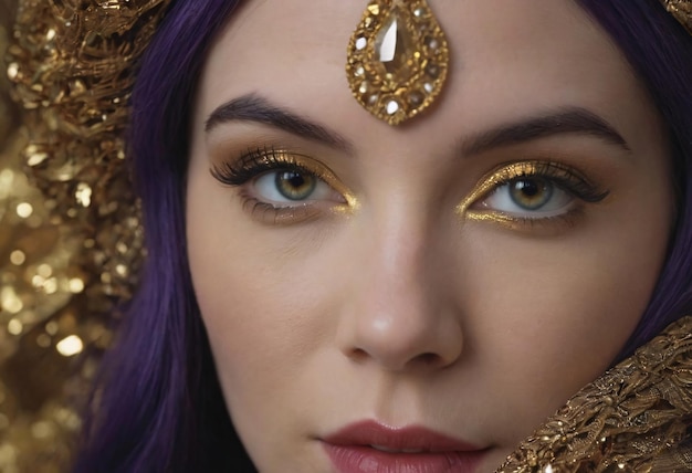 Donna con il trucco d'oro sugli occhi e il tradizionale copricapo che guarda avanti