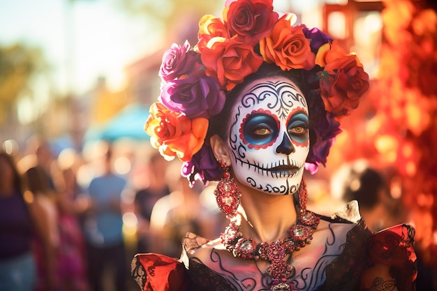 donna con il trucco del teschio di zucchero al dia de los muertos o il giorno del festival di strada morto