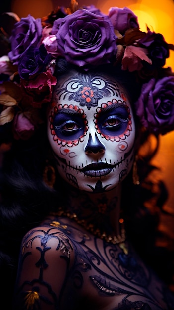 Donna con il trucco di un teschio di zucchero con una ghirlanda di fiori in testa Giorno dei Morti viola intenso