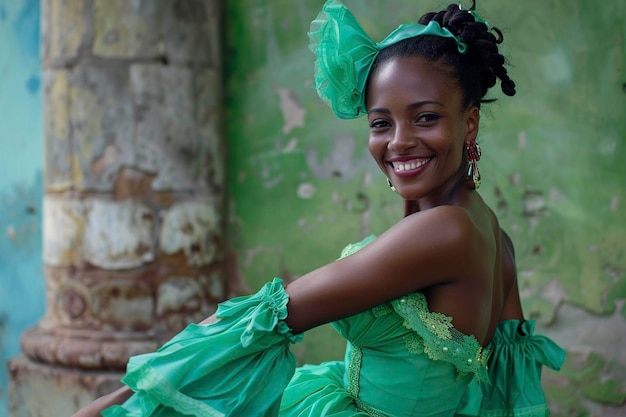 Donna con il turbante verde sorridente