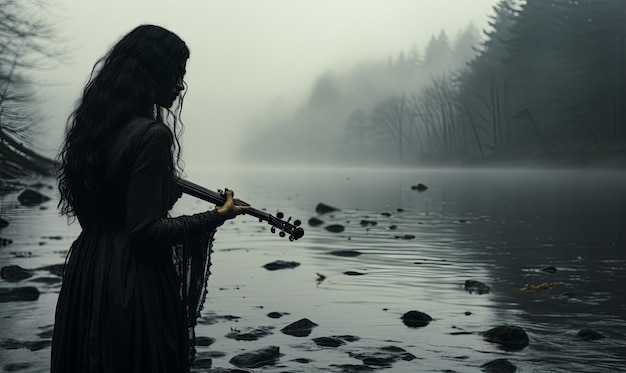 Donna con il violino sul lungomare