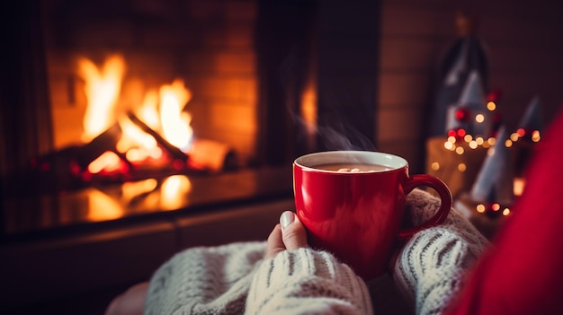 Donna con in mano una tazza di cioccolato caldo o caffè accanto al camino di Natale Donna si rilassa accanto al fuoco caldo con una tazzina di bevanda calda Concetto di vacanze natalizie invernali